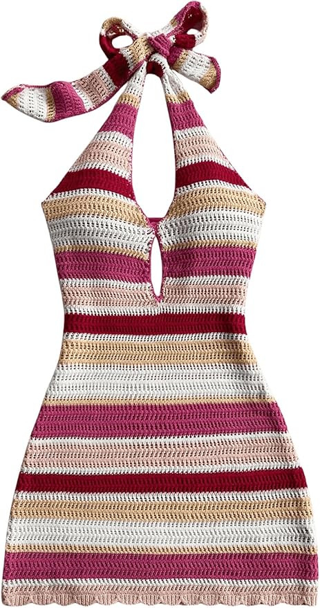 SOLY HUX Women's Striped Bodycon Halter Dress Sleeveless Cut Out Backless Beach Vacation Mini Kni... | Amazon (US)
