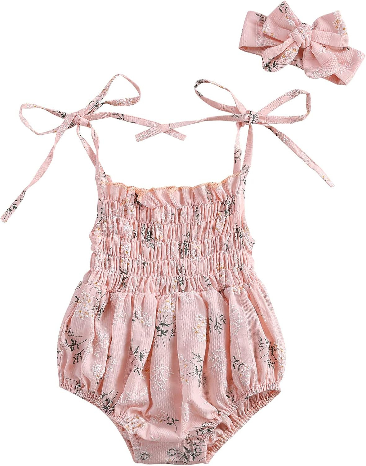 Madjtlqy Newborn Baby Girl Summer Jumpsuit Floral Printed Tied Bow Sling Romper with Headband One Pi | Amazon (US)