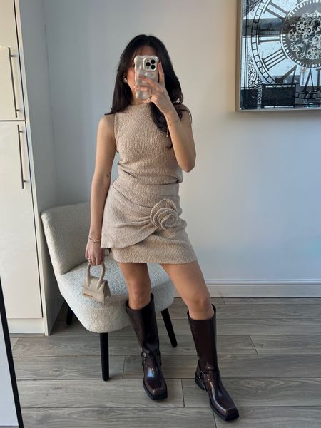 Spring outfit, knitted set, knitted co-ord, flower corsage, beige outfit, knee high boots, brown boots, Jacquemus bag, asos, 4th and reckless, pull&bear

#LTKeurope #LTKstyletip #LTKSeasonal