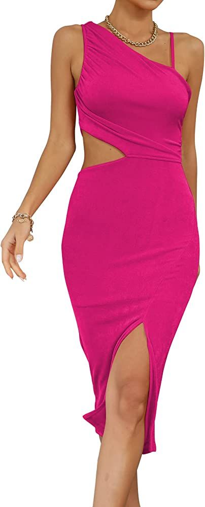 LYANER Women's One Shoulder Ruched Cut Out Split Slit Hem Sleeveless Bodycon Tank Midi Dress | Amazon (US)