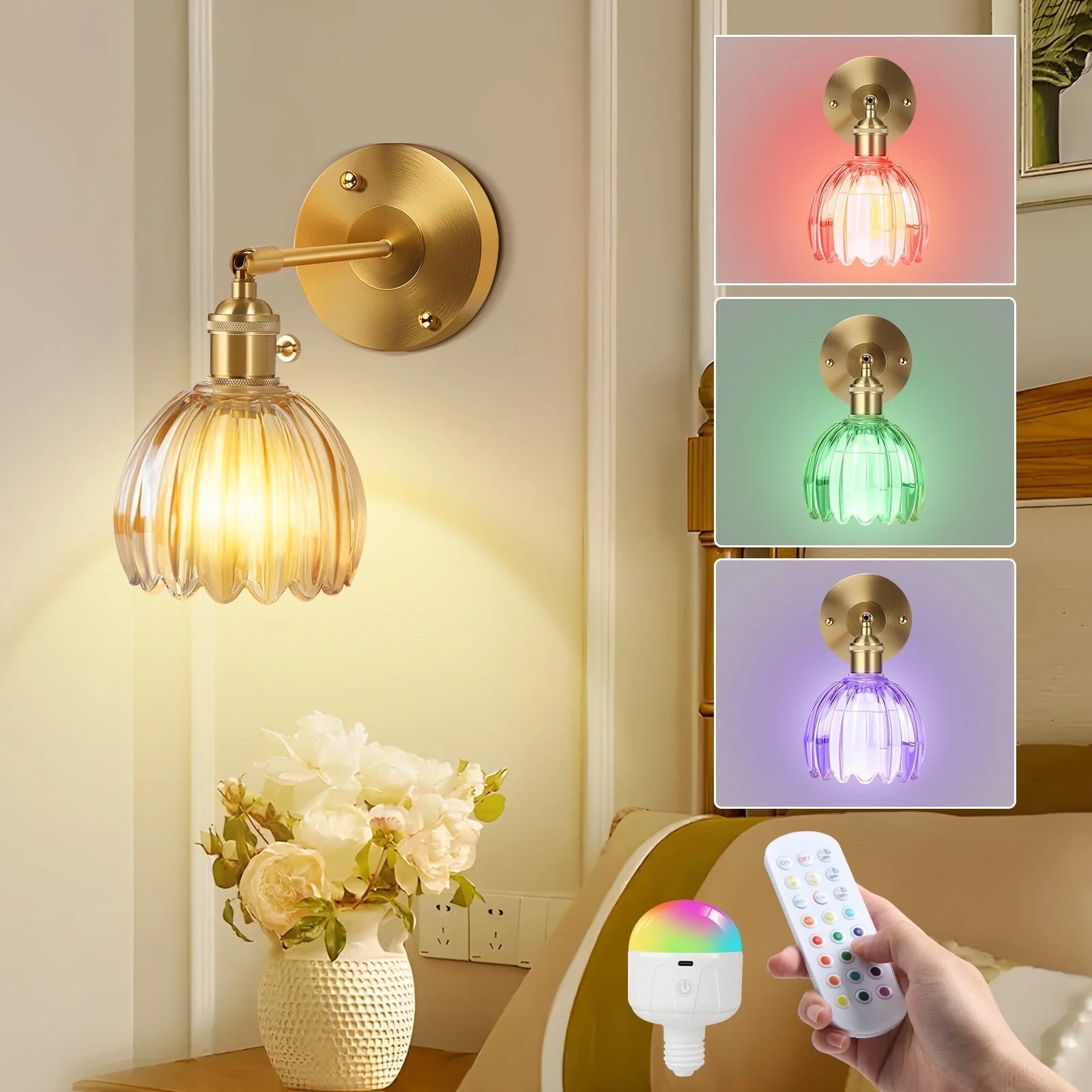 DONGPAI Vintage Battery Operated Wall Sconce with Amber Tulip Glass Lampshade Wireless Rechargeab... | Walmart (US)