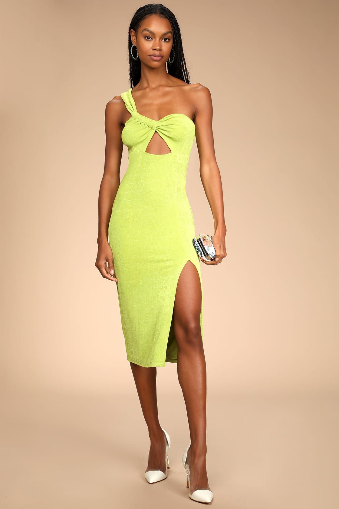 Becoming Bold Lime Green Cutout One-Shoulder Midi Dress | Lulus (US)