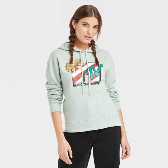 Women's MTV Holiday Hooded Graphic Pullover Sweatshirt - Aqua Green | Target