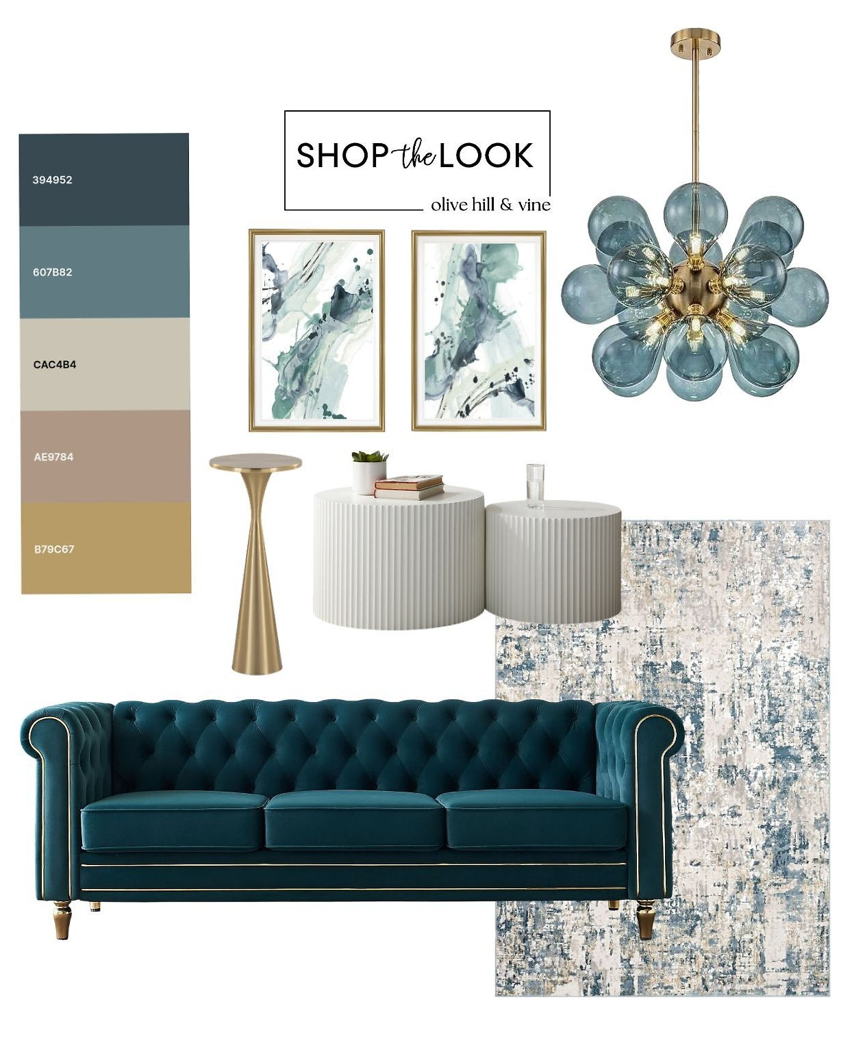 A rich teal sofa sets the tone, layered with soft neutrals, warm brass, and artful blue accents. Sculptural tables, abstract art, and a statement chandelier bring polish—this mood board feels modern, refined, and effortlessly inviting. 

 

#LTKHome