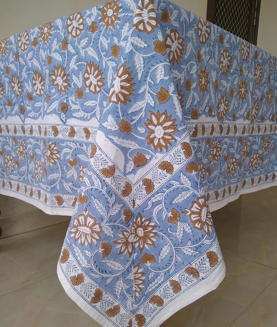Pigeon Blue and Peanut Brown Tablecloth Block Print Table - Etsy | Etsy (US)