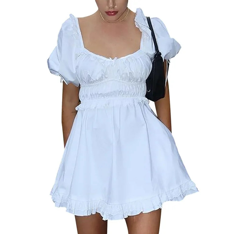 Women 's Casual Puff Short Lace-Up Sleeves Dresses Ruffle Hem Mini Dress White Dress | Walmart (US)