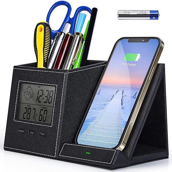Pen Holder, Pen Organizer for Desk with Wireless Charger, Digital Indoor Thermometer and Humidity... | Amazon (US)
