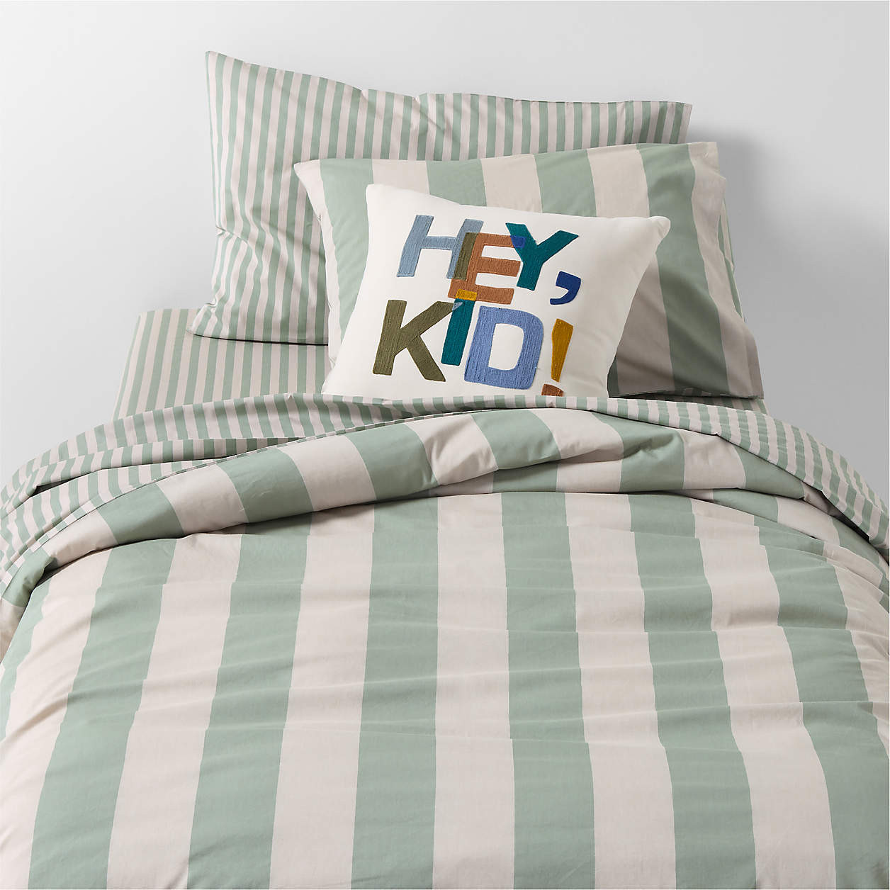 Riviera Stripe Verte Green 100% Organic Cotton Kids Twin Duvet Cover + Reviews | Crate & Kids | Crate & Barrel