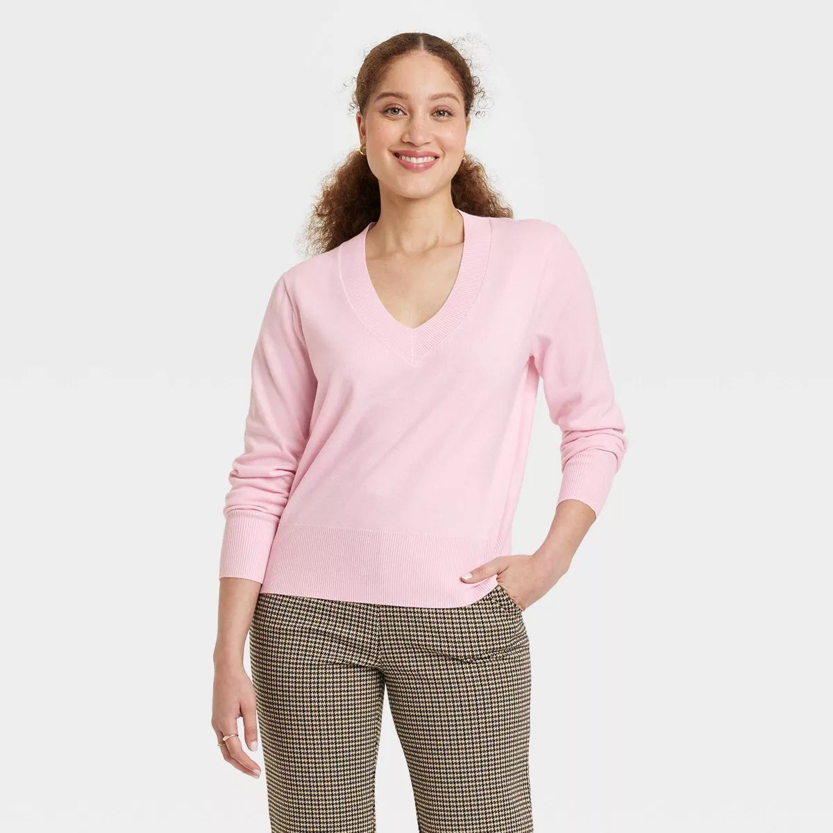 Women's Fine Gauge V-Neck Sweater - A New Day™ Heathered Pink L | Target