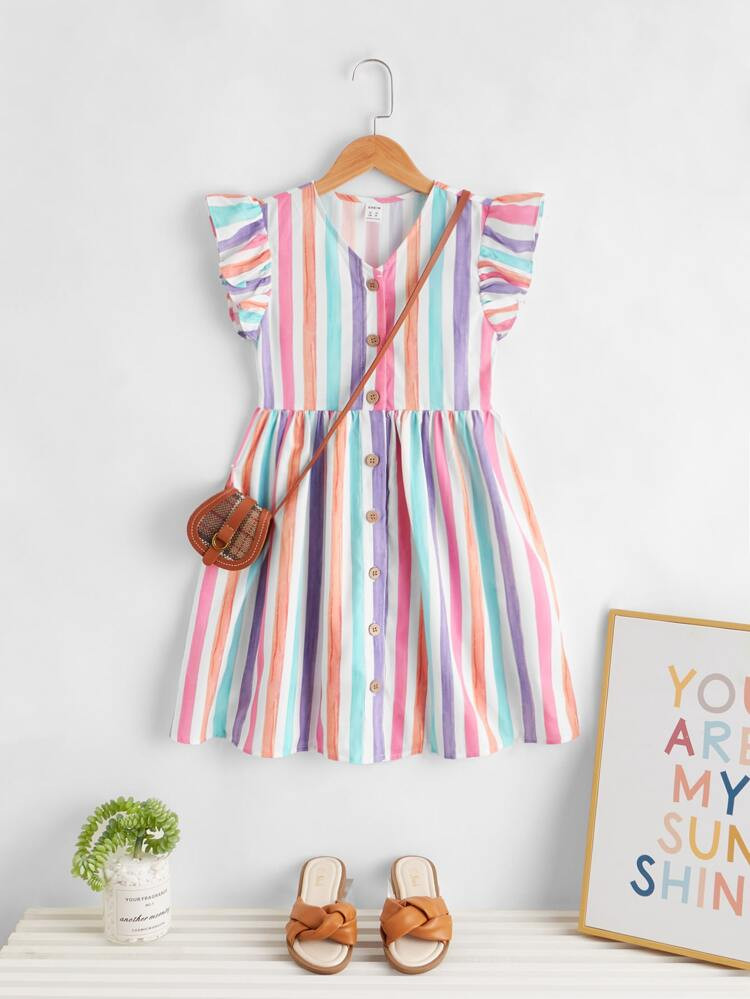 SHEIN Girls Striped Button Front Ruffle Dress | SHEIN