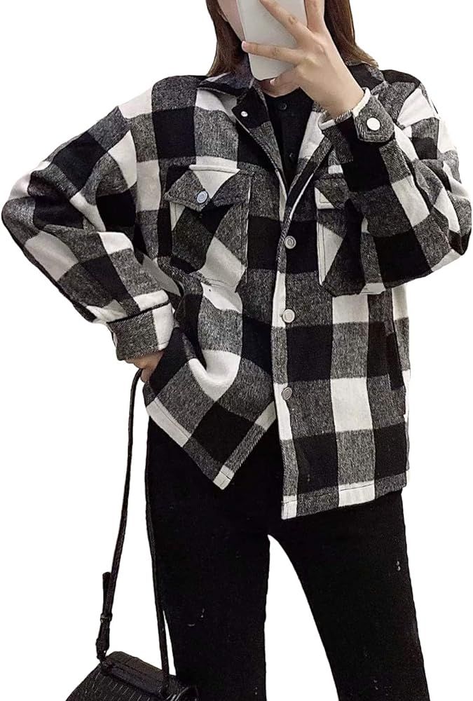 Women Wool Gingham Shacket Checkered Plaid Lapel Shirt Jacket with Front Pocket Long Sleeves | Amazon (US)