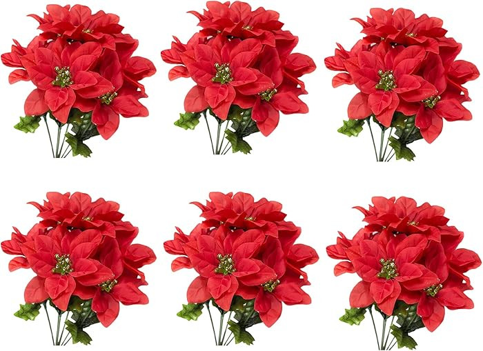 6 Pack Artificial Poinsettia Bushes,13.8 Inch Faux Red 7 Stems Velvet Poinsettia Floral for Indoo... | Amazon (US)