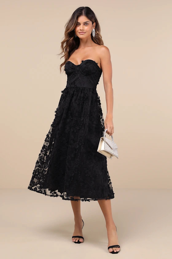Quite Perfect Black Floral Embroidered Strapless Midi Dress | Lulus