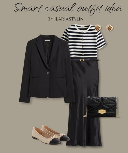 SMART CASUAL OUTFIT IDEA 🤍fashion inspo, spring outfit, spring fashion, spring style, outfit idea, outfit inspo, smart casual outfit, smart casual ootd, classic chic outfit, classic chic ootd, black jacket, black blazer, striped cardigan, short sleeved cardigan, satin skirt, silk skirt, slip skirt, black satin skirt, ballet flats, beige flats, black bag, shoulder bag, h&m, style inspo, women fashion

#LTKSeasonal #LTKstyletip #LTKworkwear