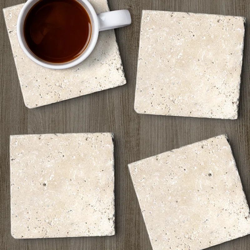Natural Travertine 4 Pack Absorbent Stone Coasters With Protective Cork Backing | Wayfair Professional
