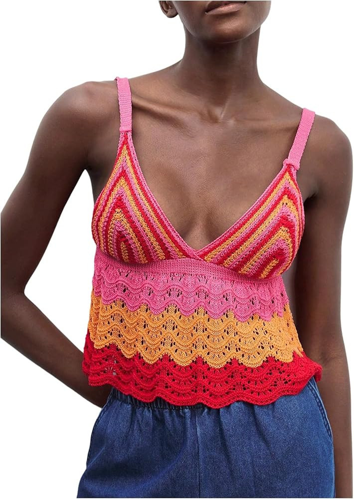 SweatyRocks Women's Striped Deep V Neck Crochet Crop Top Spaghetti Strap Y2k Knit Peplum Vacation... | Amazon (US)