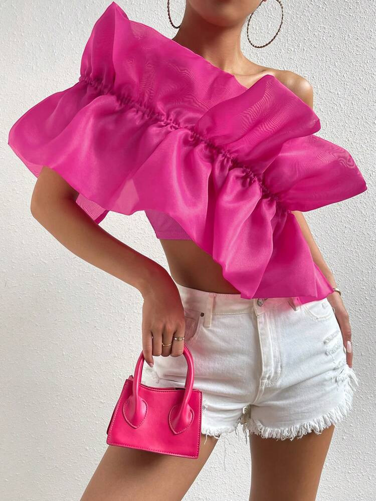 SHEIN BAE Exaggerated Ruffle Asymmetrical Neck Crop Top
       
              
              $7.9... | SHEIN