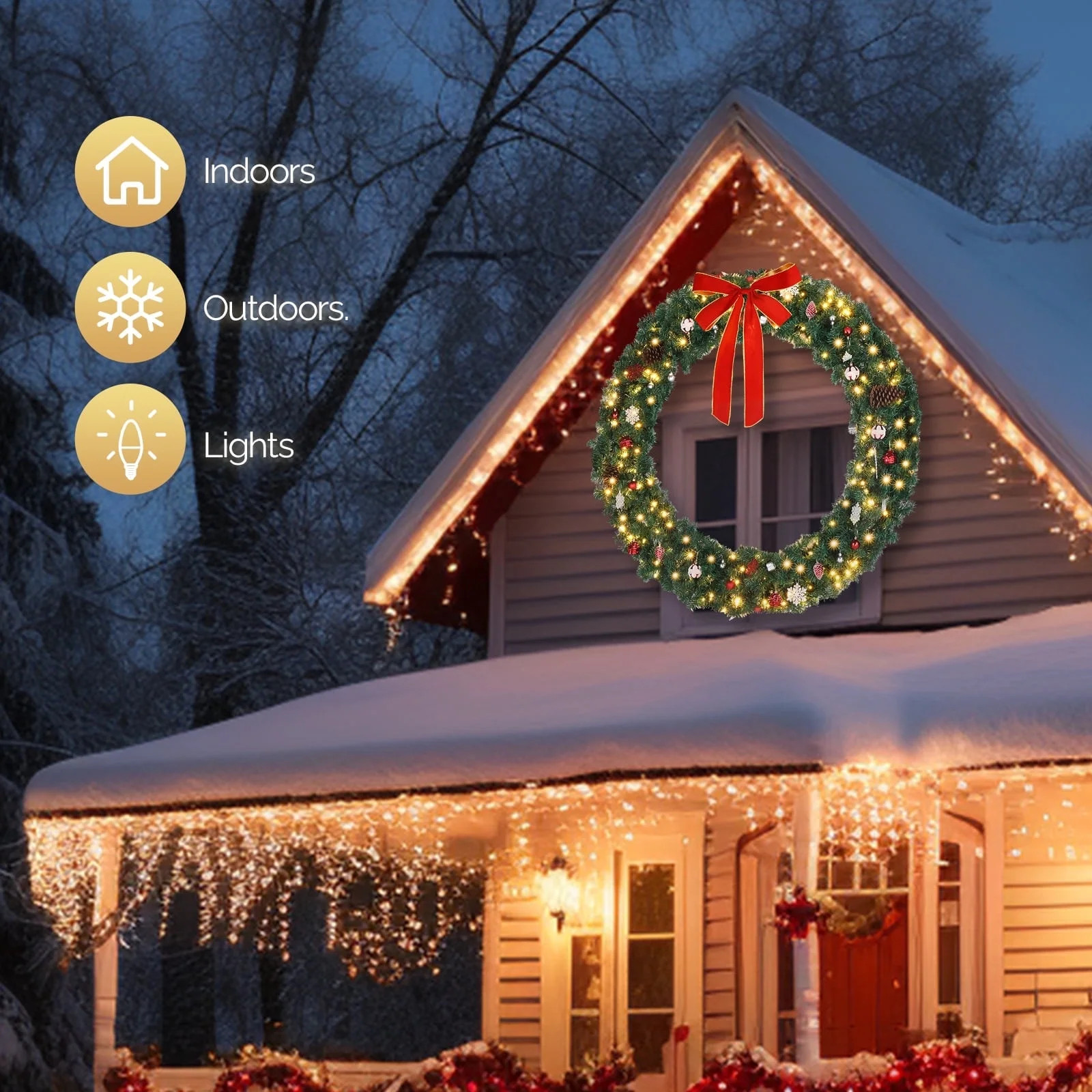 Ktaxon 60in Outdoor Christmas Wreath PVC Bow Decoration 220 Lights LED Garden Garland Decoration ... | Walmart (US)