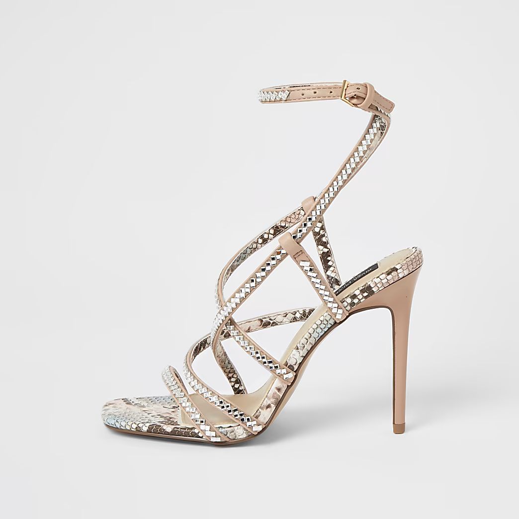 Pink diamante strappy wide fit heeled sandals | River Island (US)