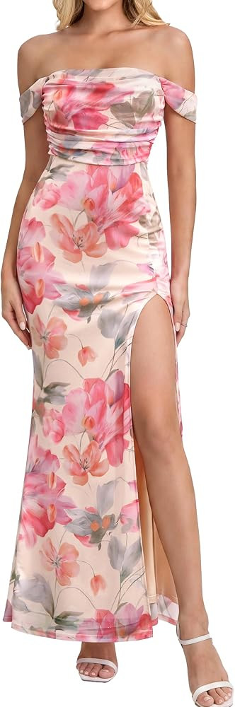 Off Shoulder Long Formal Wedding Guest Dresses for Women Sexy High Slit Floral Ruched Bodycon Max... | Amazon (US)