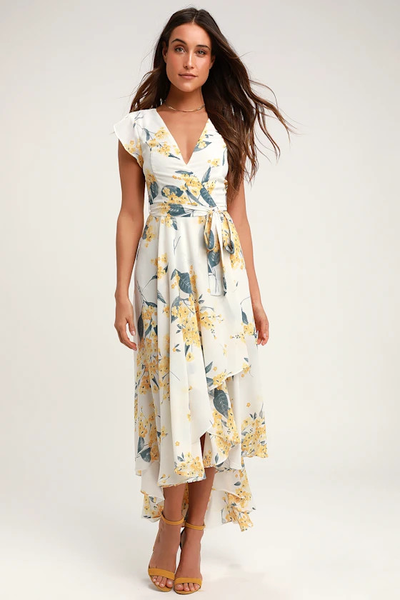 French Countryside White and Yellow Floral Print High-Low Dress | Lulus (US)