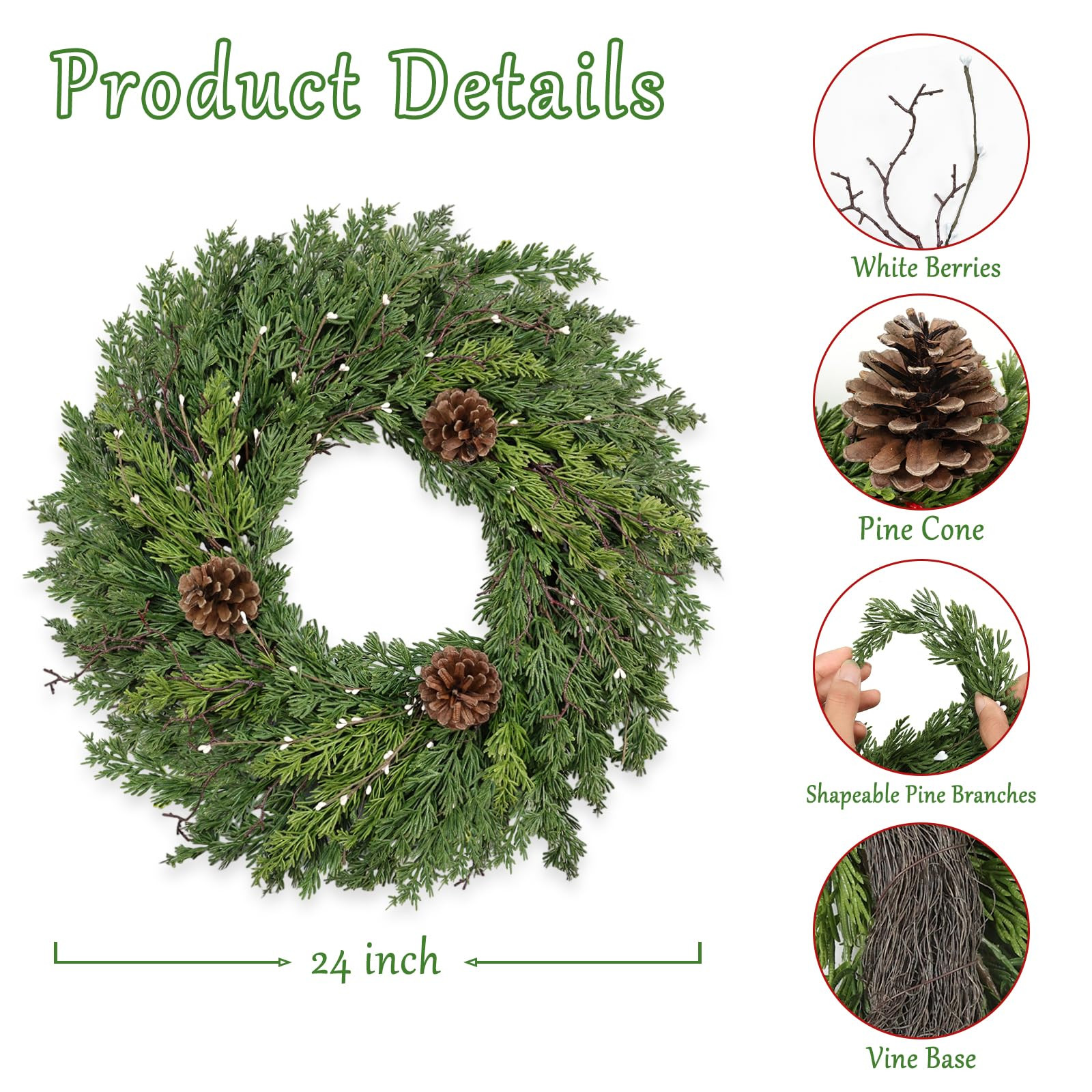 24 Inch Real Touch Lush Christmas Wreaths for Front Door with White Berries/Pine Cone Outdoor Chr... | Amazon (US)