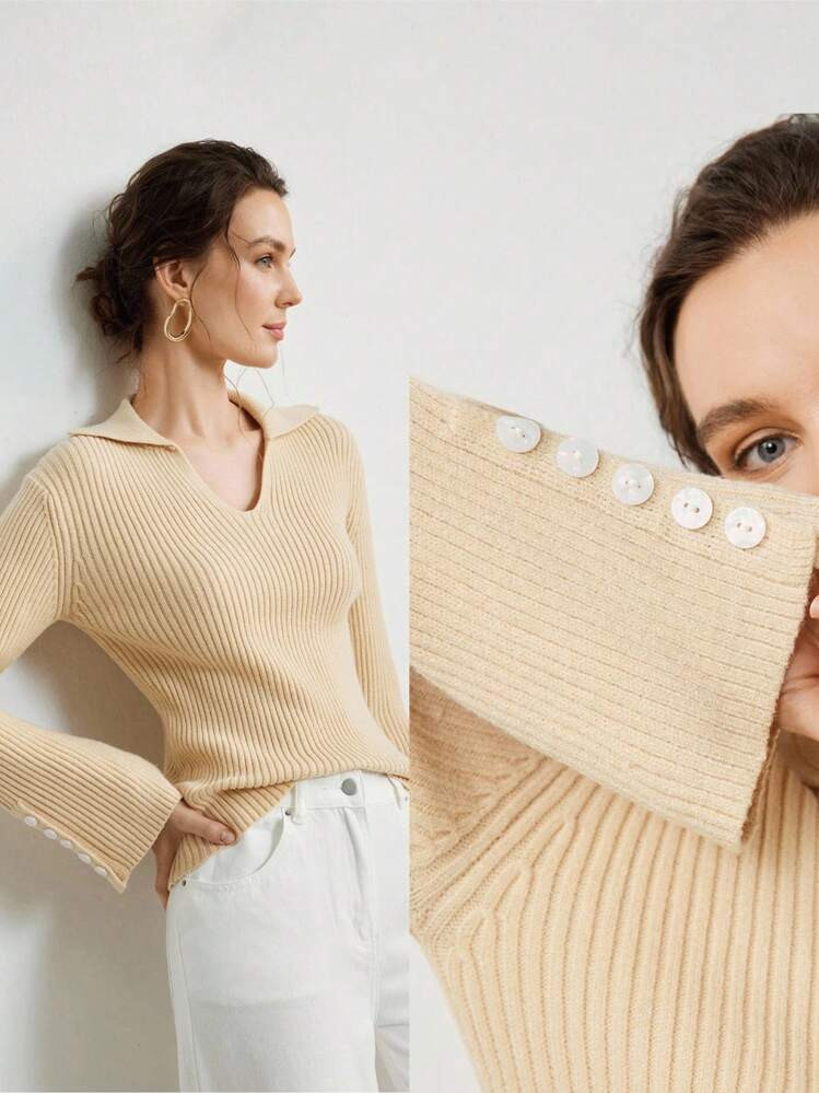 Uhlyne Uhlyne Women's Minimalist Formal Blouse, Soft Knit Sweater Top With Elegant High-End Small Button Closure, Suitable For Autumn/Winter Ribbed Knit Top Ribbed Sweater Knit Top Women Women Ribbed Sweater Knit Pullover Fall | SHEIN