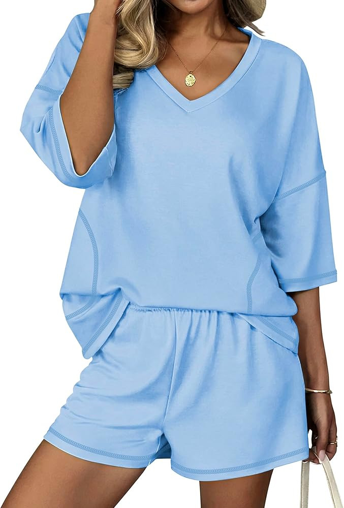 Ekouaer Two Piece Sets for Women Summer Lounge Sets 2026 Striped Shirts and Shorts Set Oversized ... | Amazon (US)