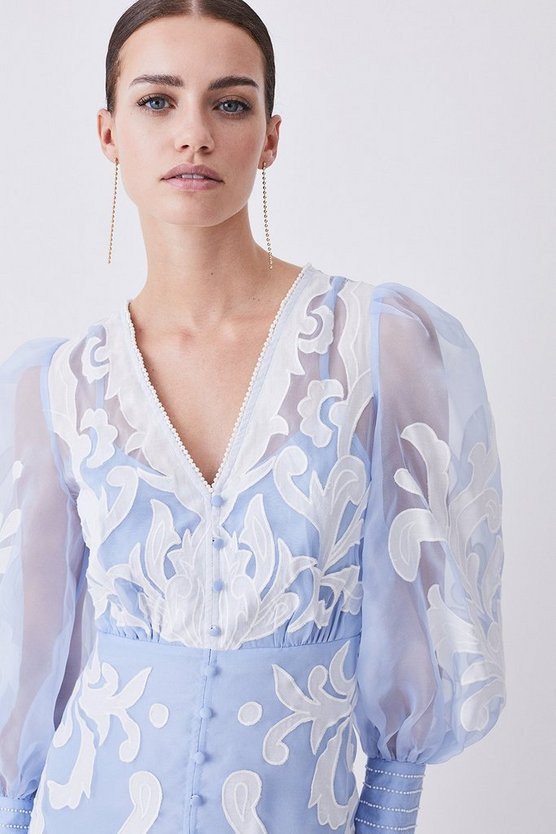 Petite Applique Organdie Buttoned Woven Maxi Dress | Karen Millen US