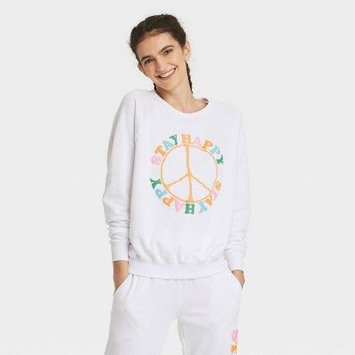 Women&#39;s Stay Happy Graphic Sweatshirt - White XS | Target