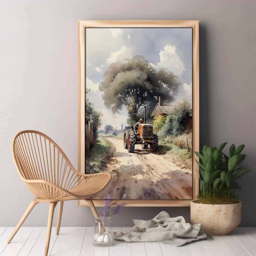 Rustic Tractor Watercolor Painting, Vintage Farm Road Art, Country Decor, Nature Scene, Ranch Liv... | Etsy (US)