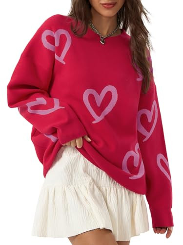 Saodimallsu Womens Oversized Heart Sweater Crew Neck Long Sleeve Knit Cute Valentines Pullover Sw... | Amazon (US)