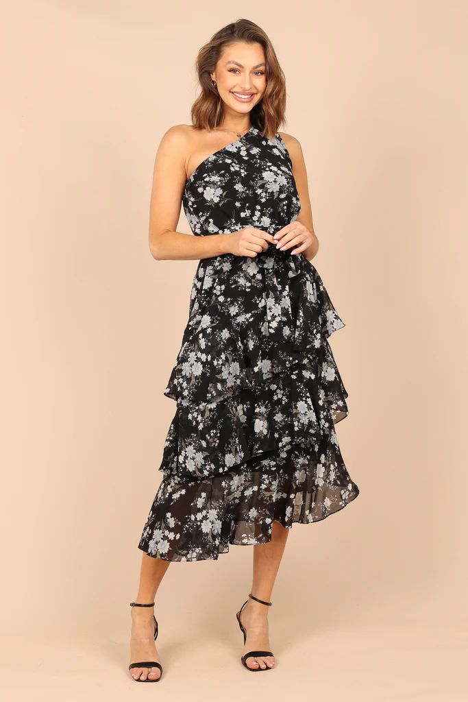 Brigette One Shoulder Tiered Midi Dress - Black Floral | Petal & Pup (US)