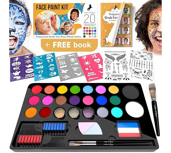 ADIS&GUYS Face Painting Kits for Kids 107-Piece Set with 20 Water-Based Colors, Hair Chalk, 40 St... | Amazon (US)