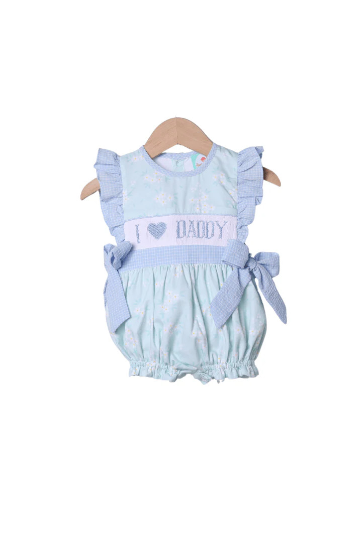 Smocked I Love Daddy Blue and Green Floral Bubble | The Smocked Flamingo