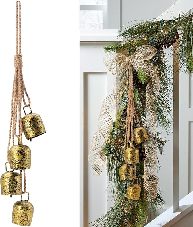 Christmas Bells for Decoration, Gold Metal Vintage Cow Bells with Jute Hanging Rope, Decorative C... | Amazon (US)