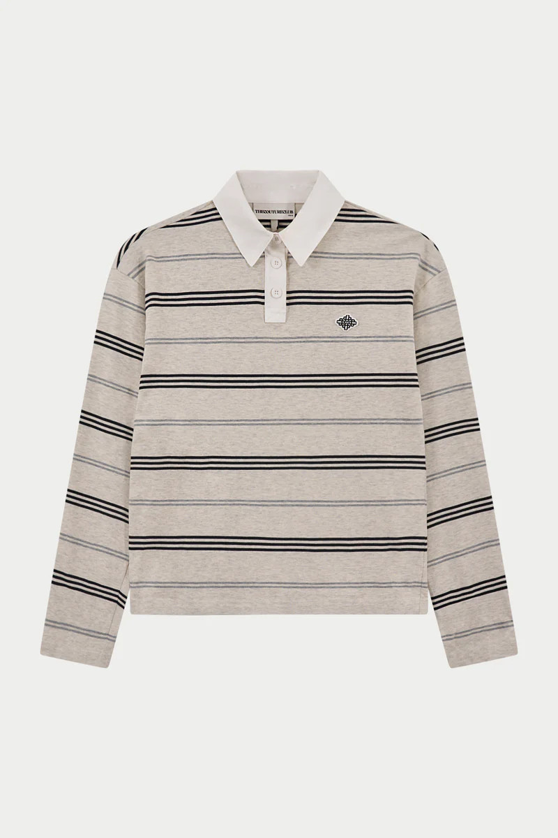 STRIPED LONG SLEEVE POLO TEE - GREY MARL | The Couture Club