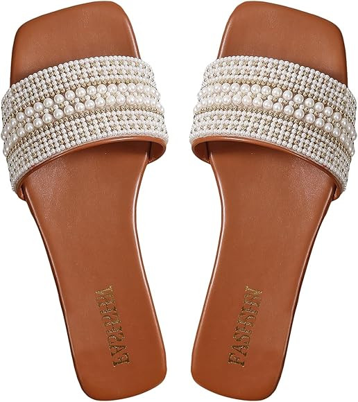 GORGLITTER Women's Pearl Decor Flat Sandals Open Toe PU Leather Slide Sandals | Amazon (US)