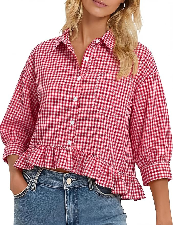 LOMON Womens 3/4 Sleeve Button Down Tops Dressy Casual Collared Shirts Blouses Ruffle Babydoll To... | Amazon (US)