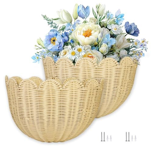 2 PCS Wave Wall Basket,15.7x10x8 in.Hand-woven by of intangible cultural Rattan Hanging Basket Woven Wicker Wall Mounted vine scallop wall basket Environmentally friendly | Amazon (US)