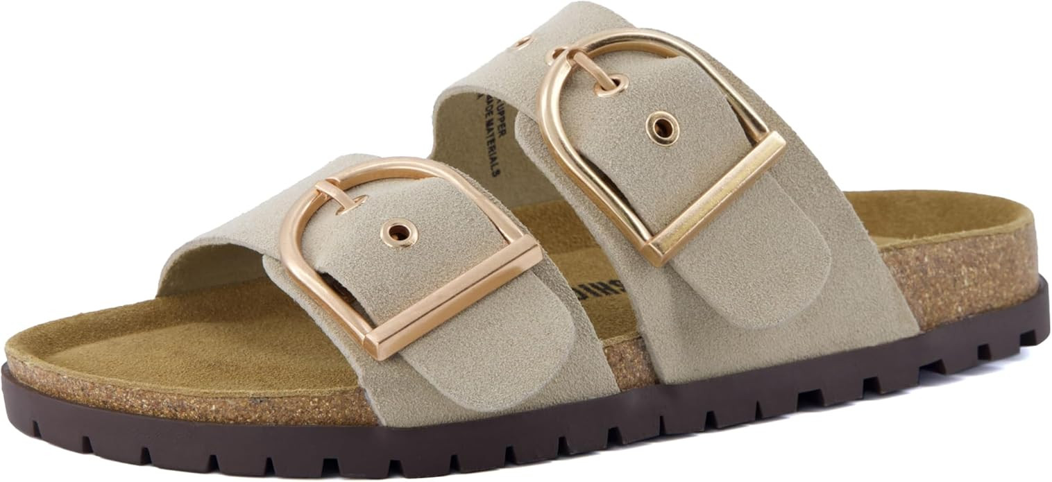 CUSHIONAIRE Brook Women’s Suede Double-Buckle Cork Footbed Slide Sandals with Memory Foam Comfo... | Amazon (US)