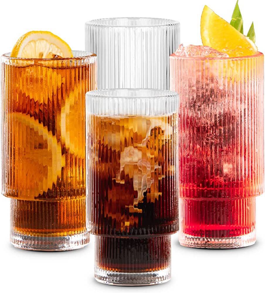 Combler Ribbed Drinking Glasses, Ribbed Glass Cups 12 oz, Ribbed Glassware Set of 4, Coffee Bar A... | Amazon (US)