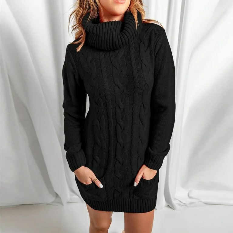 Stamzod Women's Turtleneck Long Sleeve Cable Knit Sweater Dress Slouchy Oversized Chunky Pullover... | Walmart (US)