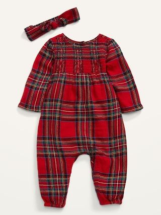 Smocked Plaid Flannel Jumpsuit & Headband Set for Baby | Old Navy (US)