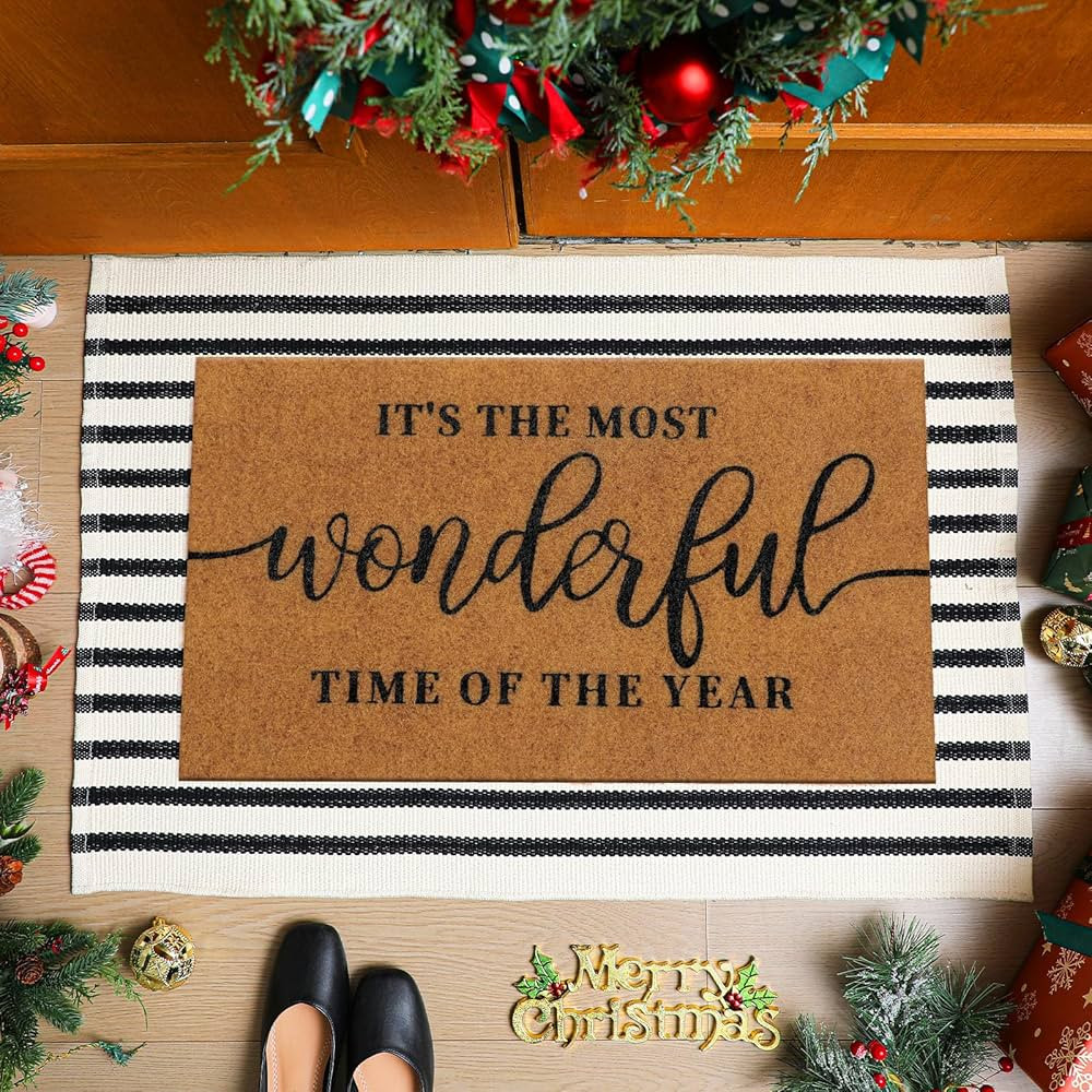2 Pcs Christmas Coir Welcome Doormat Christmas Rug Outdoor Layered Buffalo Plaid Black and White ... | Amazon (US)