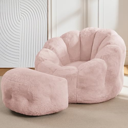 Bean Bag Chair with Ottoman, Pink Flower Bean Bag Chairs for Adults and Teens, Comfy Plush Faux F... | Amazon (US)