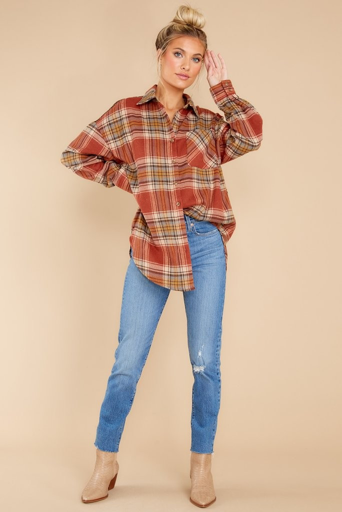 Cheerful Times Rust Multi Plaid Top | Red Dress 