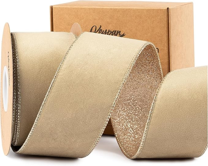 Gold Velvet Ribbon for Christmas Tree Decoration Wired Ribbon 2-1/2 Inch Wide with Gold Metallic ... | Amazon (US)