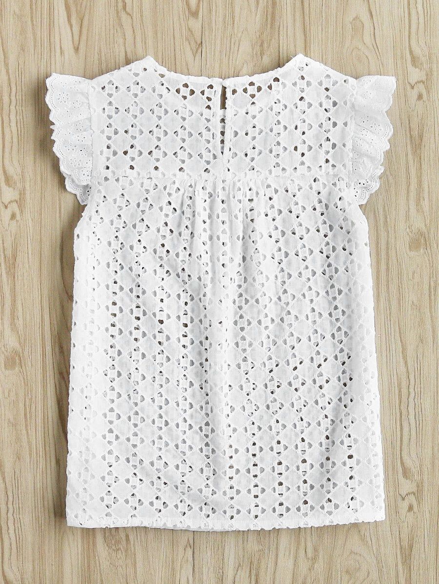 Buttoned Keyhole Flutter Sleeve Eyelet Embroidered Smock Top | SHEIN