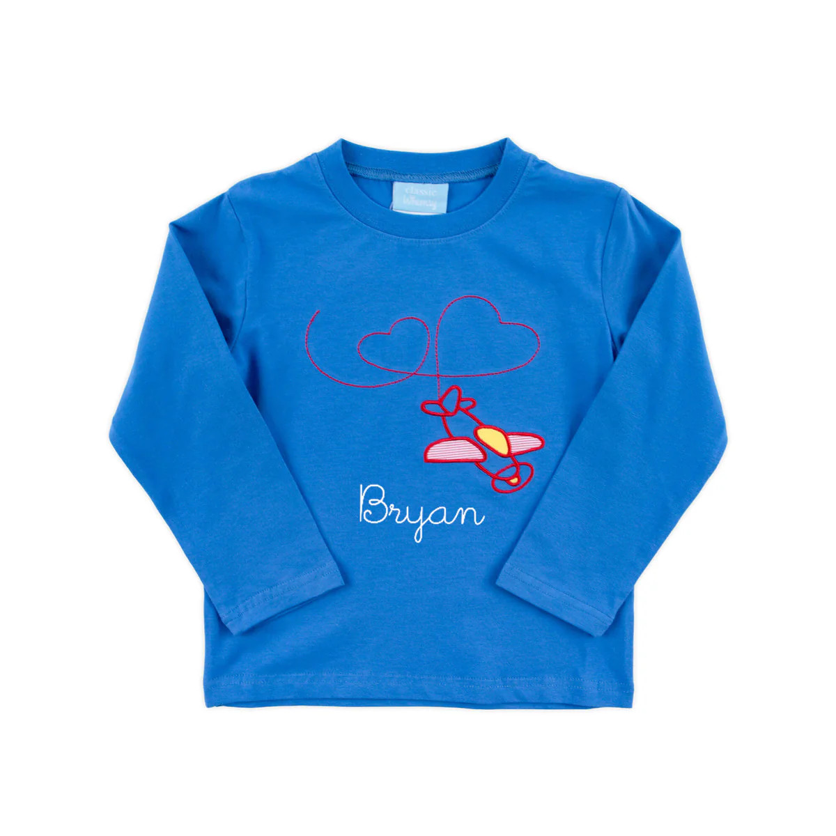 Airplane Heart Applique Blue Long Sleeve Shirt | Classic Whimsy